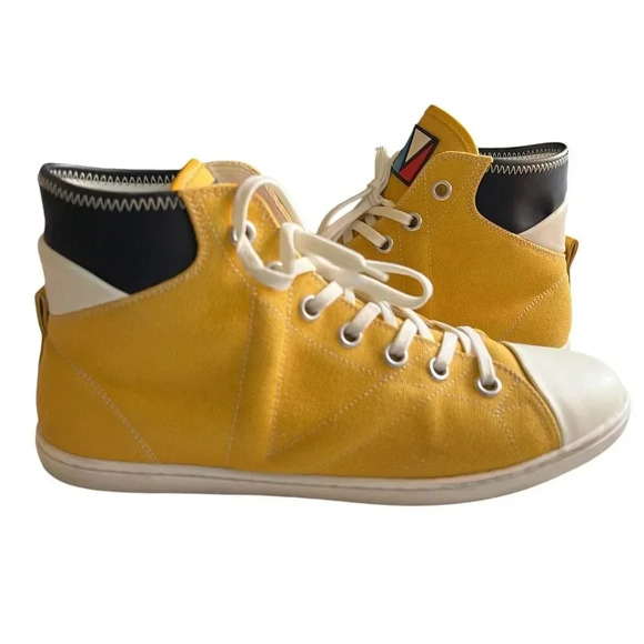 Auth Louis Vuitton Size 9.5 Yellow White Canvas Leather High-Top Sneakers UK 6.5 - Picture 1 of 6